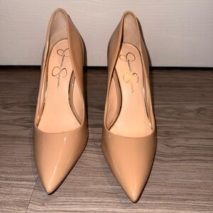 Jessica Simpson Beige Patent Pointed-Toe Pumps